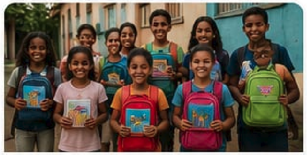Crianças sorrindo com materiais escolares